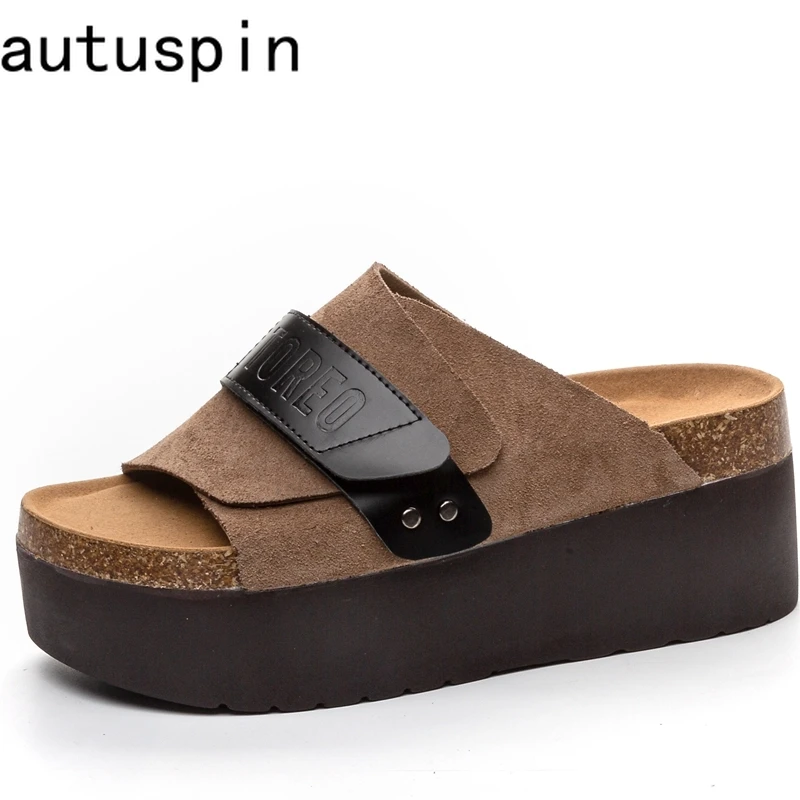 

AUTUSPIN Summer Nubuck Leather Ladies Shoes Fashion Thick Soled Women Slippers Outdoor High Platform Chunky Slides Shoes Woman