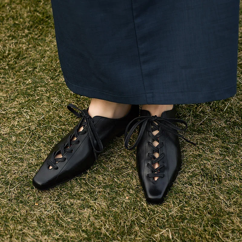 2025 Hot Sale Fashion Low Heel Lace Up Genuine Leather Pumps Women Daily Walk Flats Young Girls Casual Spring Autumn Black Shoes