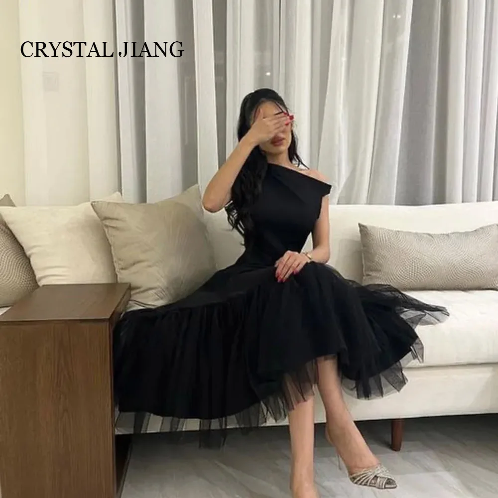 

Classy Black Short One Shoulder Tulle Evening Dresses Sleeves A Line Tea Length فساتين للمناسبات الخاصة Party Gowns