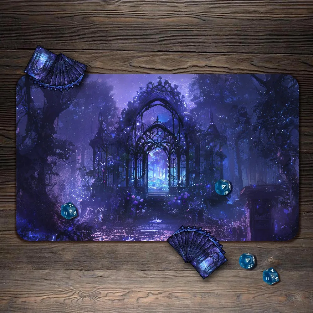 Gothic Magic Arch Gate TCG Playmat Purple Enchanted Forest Glowing Fairy Sparkles Desk Mat forCard Game Esports Office Home Gift
