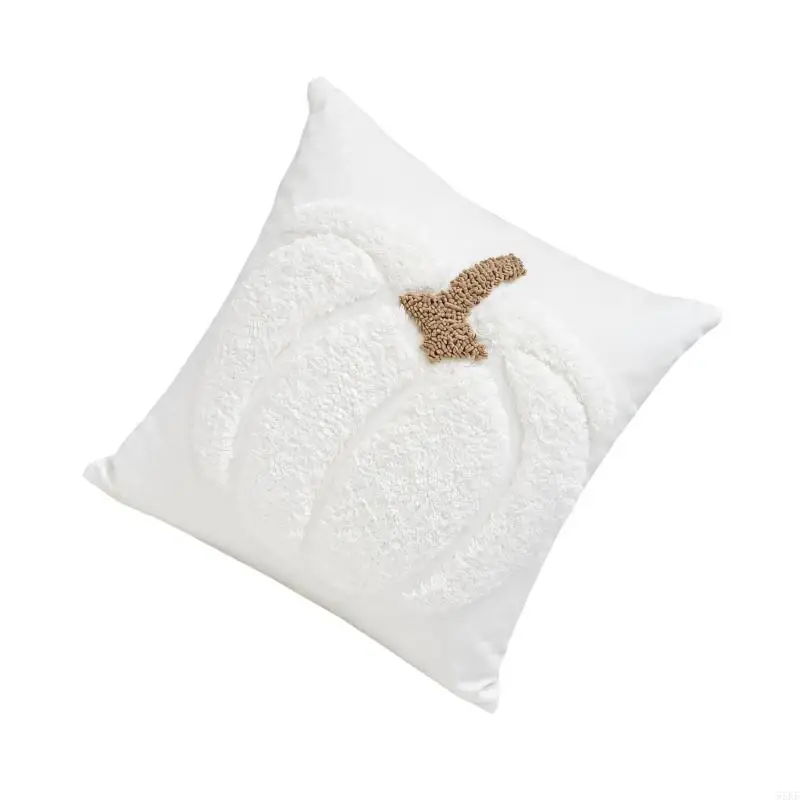 Square Canvas Pillowcase with Raised Pumpkin Embroidery, Faux Furs Cushion Cover 55KF