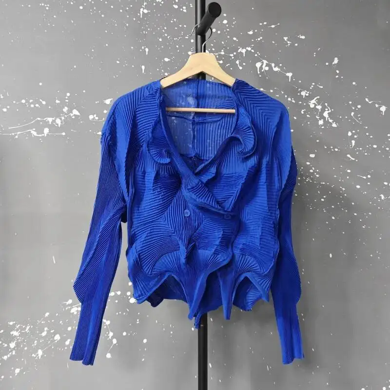 Pleated Ruffle Long Sleeve Shirt Women Solid Color Irregular Fold Top Fashion Autumn Casual Blouse
