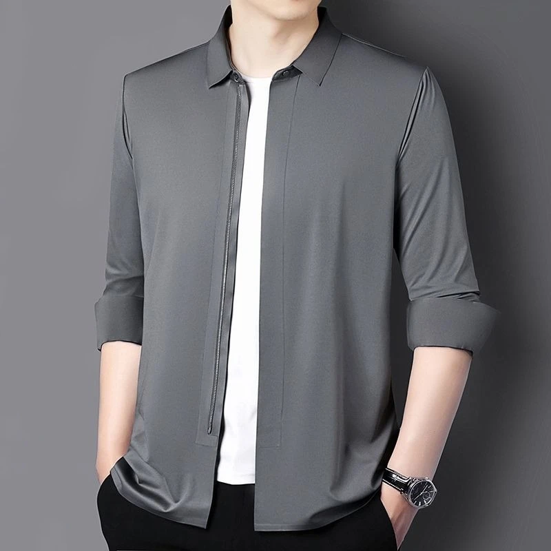 High End Business Shirts for Men Long Sleeve Zipper Blouse Non-iron Wrinkle Resistance Elastic Tops Western-style No Trace Shirt
