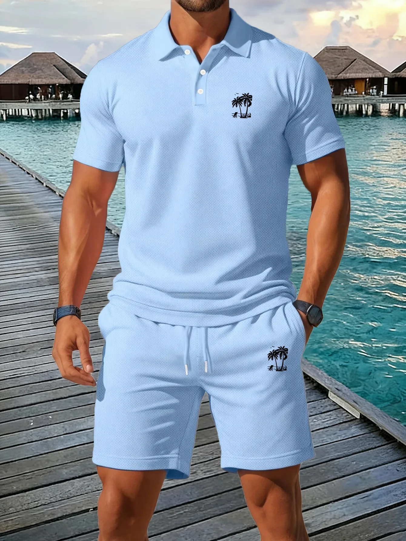 Summer New Men's Polo Shirt Set Casual Sporty Cool Fashionable Slim Fit Breathable Solid Color Short‑Sleeved Shorts Set Men's view 4