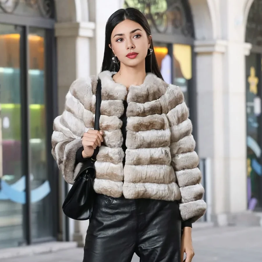 

Genuine Rabbit Fur Coat With Round Collar Natural Fur Coat For Women Cropped Fur Jacket High Quality Chinchilla Fur Coat