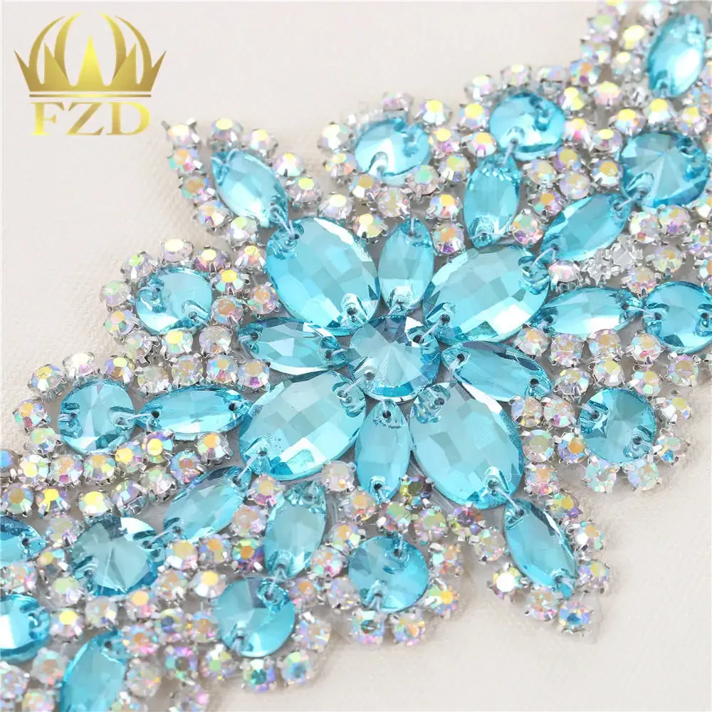 (10 Pieces) Wholesale Hotfix AB Crystals Acid Blue Color Rhinestone Sequin Applique for Garment Dresses Headband Bridal Garters