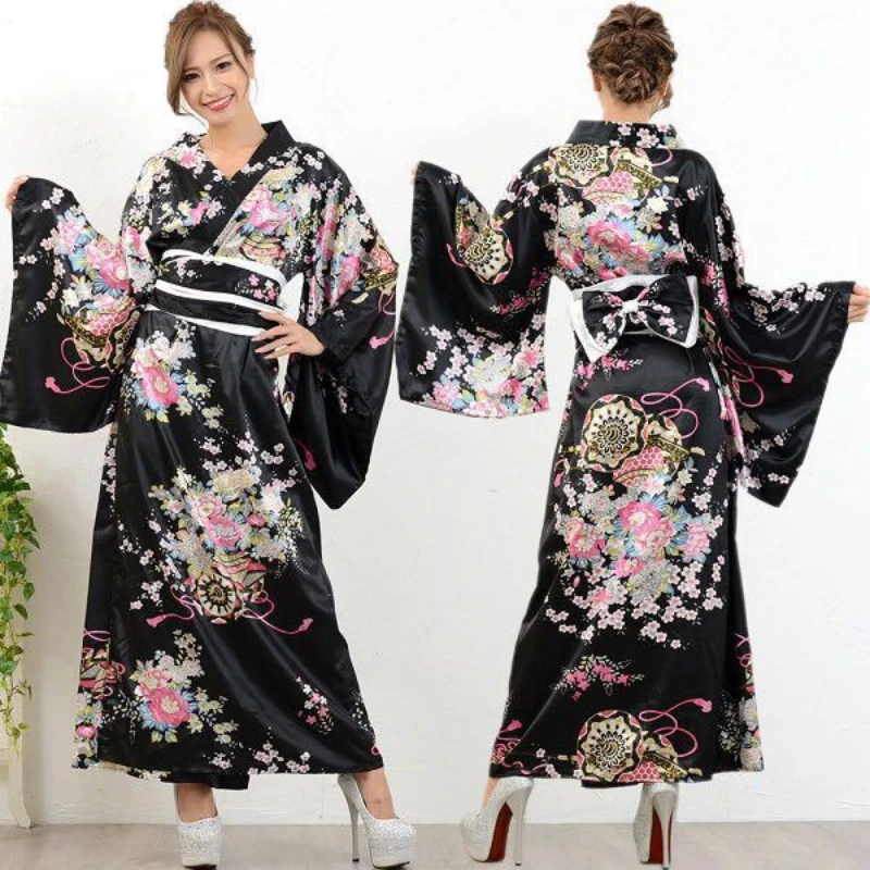 Female Japanese Kimono Bathrobe Gown V-neck Satin Evening Party Prom Gown Vintage Cosplay Costume Full Sleeve Gown