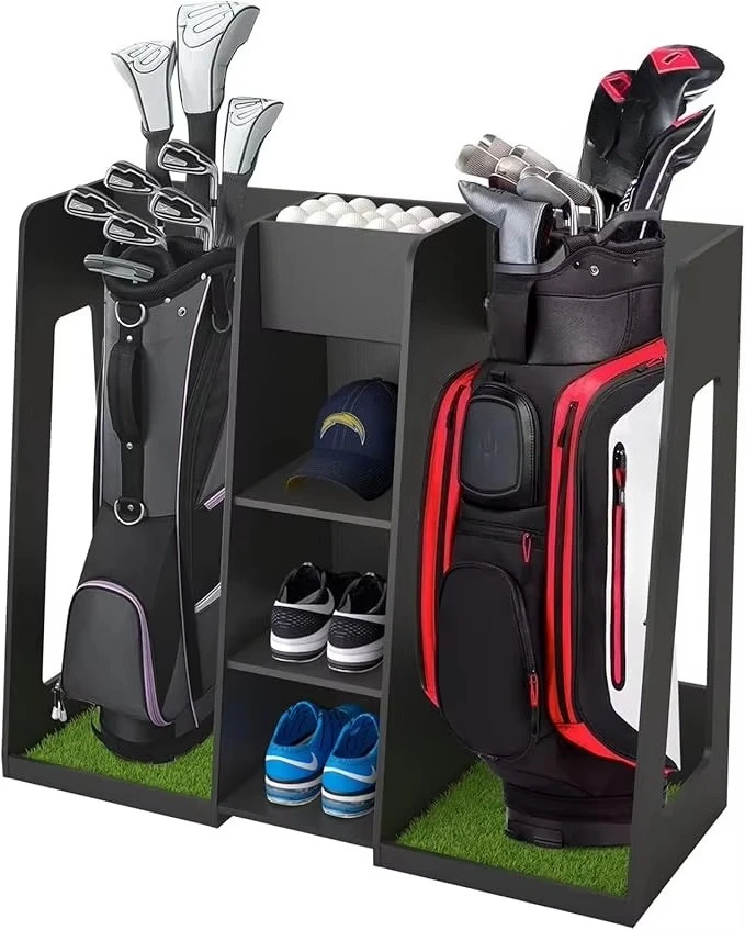 

Golf Bag Organizer Storage Rack Stand Holder Fits 2 Extra Large Golf Club Bags and Multiple Golfing Equipment Accessories