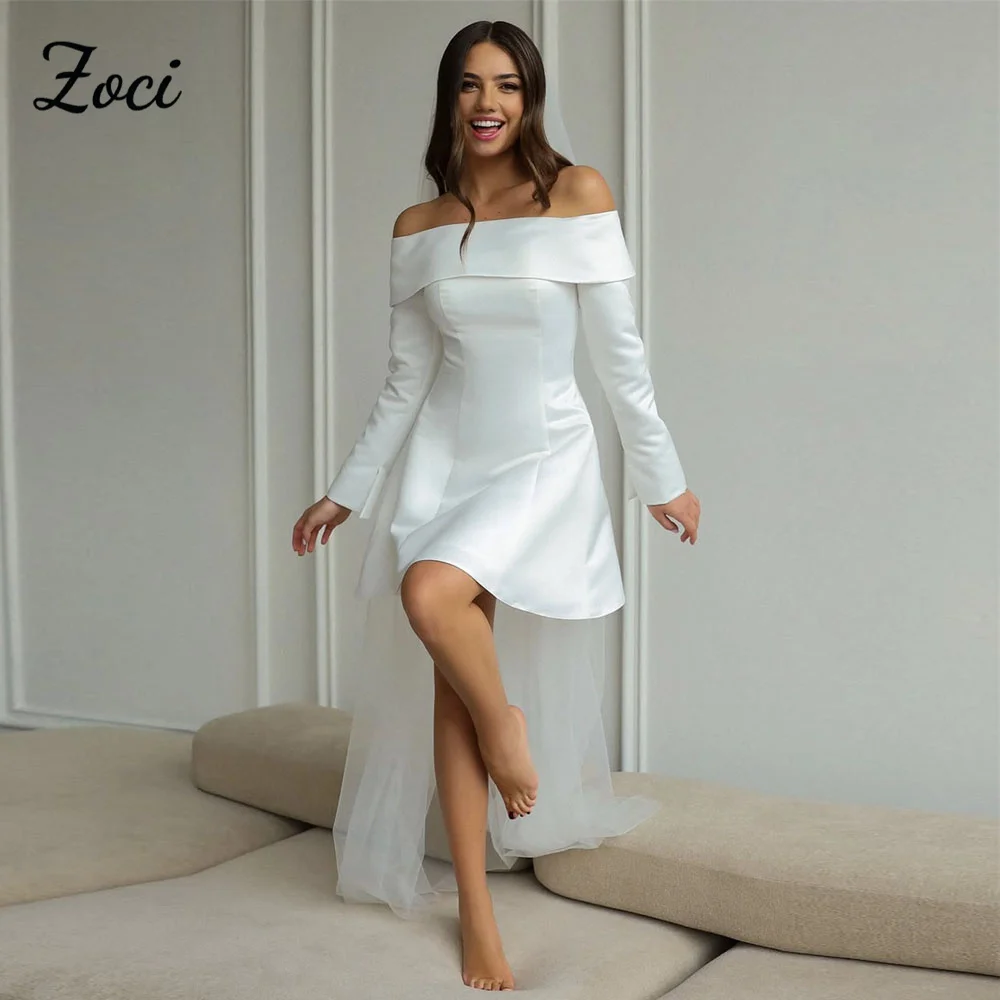 Zoci Simple Off The Shoulder Wedding Dress Women Short Satin Above Knee Long Sleeves Vestidos De Novia Customized