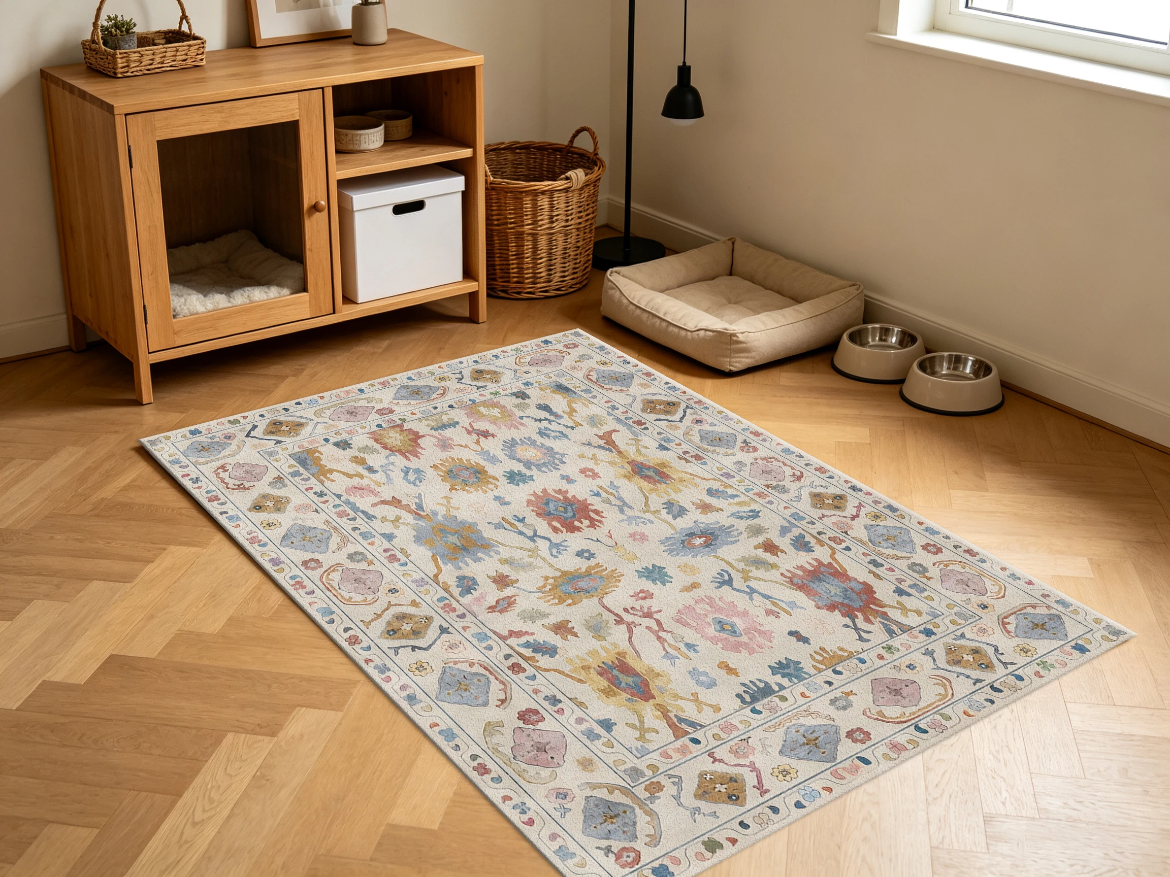 Vintage Oushak Floral Carpet Flooring, Pastel Color Traditional Large Area Rug for Living Room Bedroom