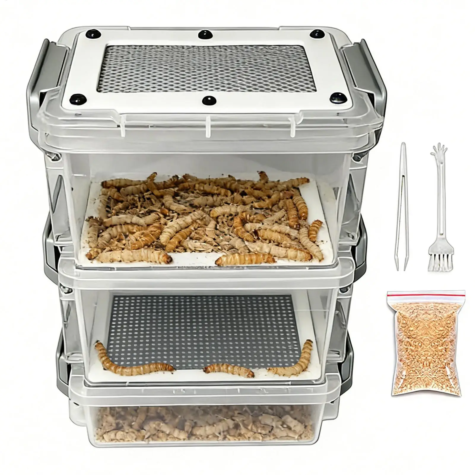 Contenedor de 3 niveles para criadores de gusanos de la seda, caja de cría de gusanos de maíz, kit de cría de gusanos de harina para dueños de mascotas, amantes de los animales, criadores, aficionados