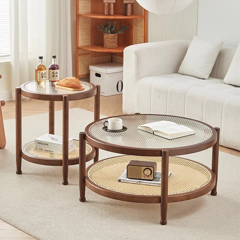 

Household small apartment with round glass edges, modern simple Japanese rattan, tea table