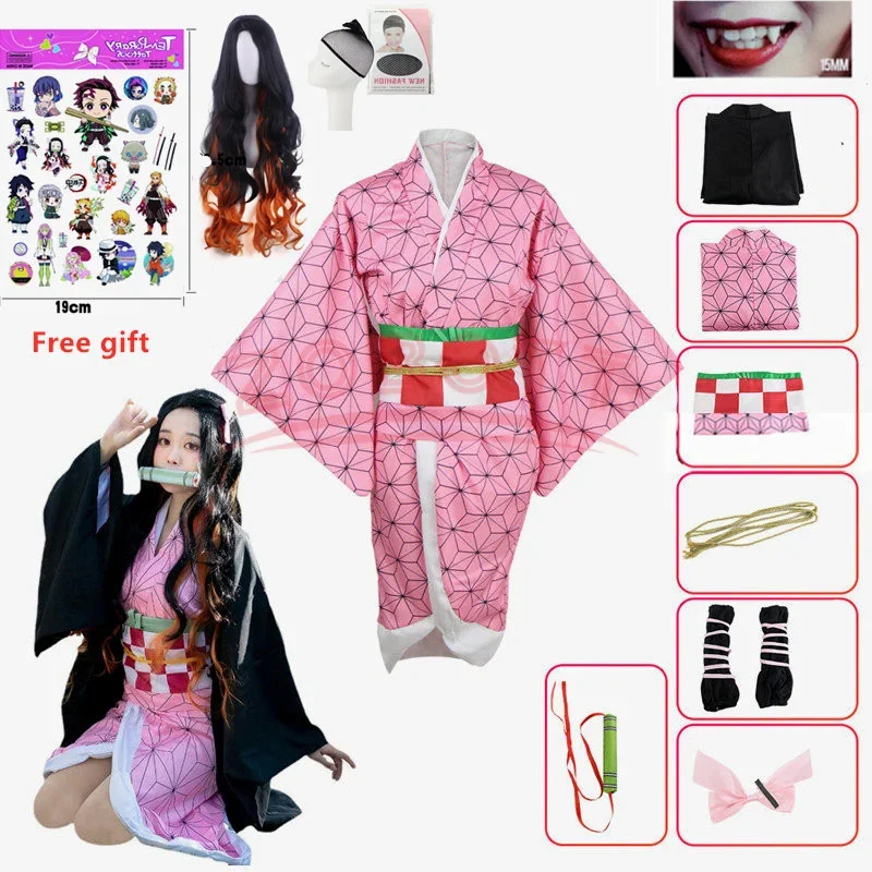 Disfraz de Cosplay de Anime 2026: Kimono de Nezuko Kamado de Demon Slayer con Peluca para Mujer y Niña, Uniforme de Kimono