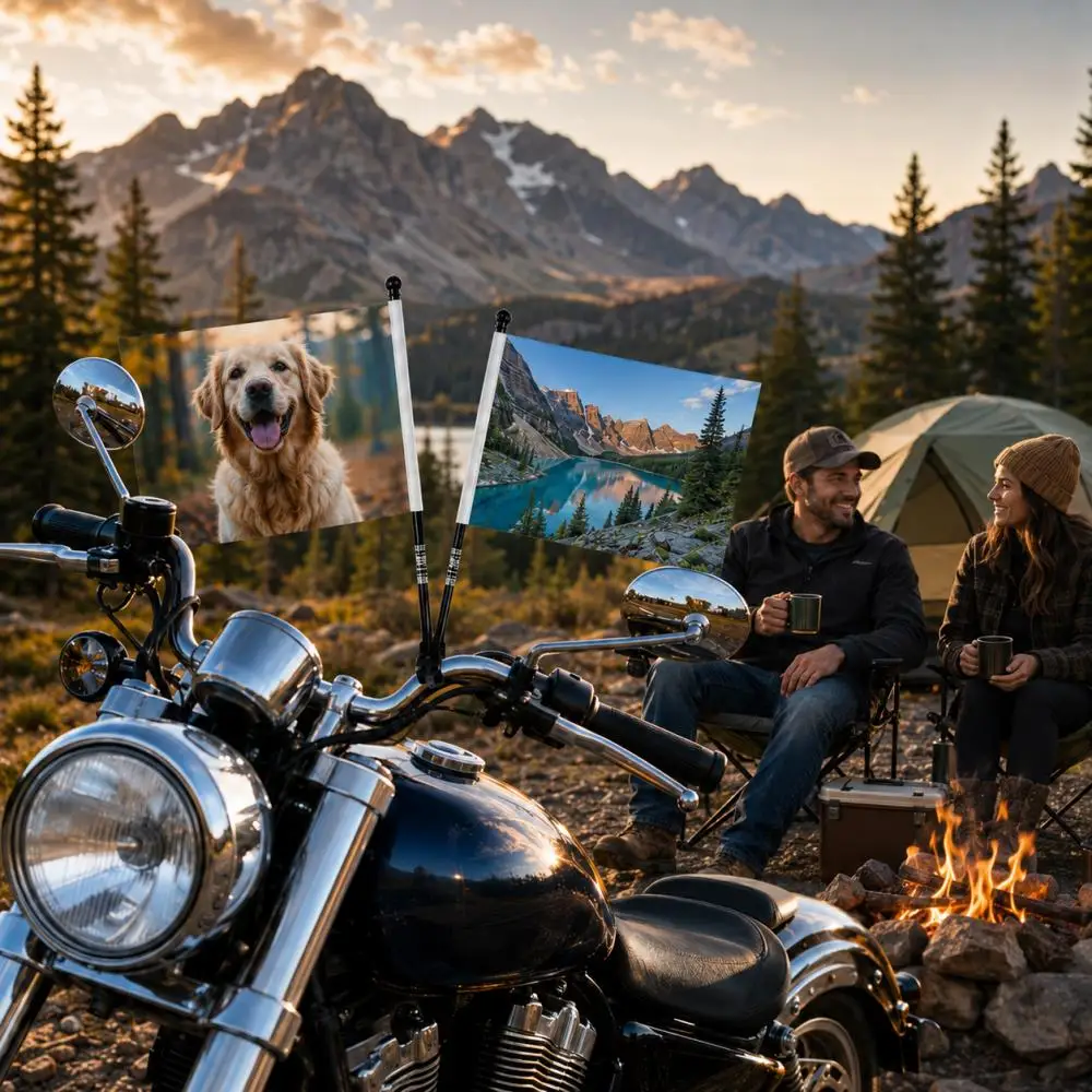 2Pcs Custom Photo Motorcycle Flag Set with Plastic Pole Double Sided Different Print Motorbike Handlebar Decor Flag Kit