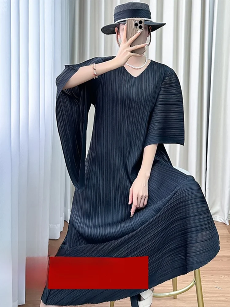 

Three Houses Art Creation Batwing Sleeve Midi Loose Pleated Dress Women's Fashion Silk Blend Casual Simple Style Commute Wear