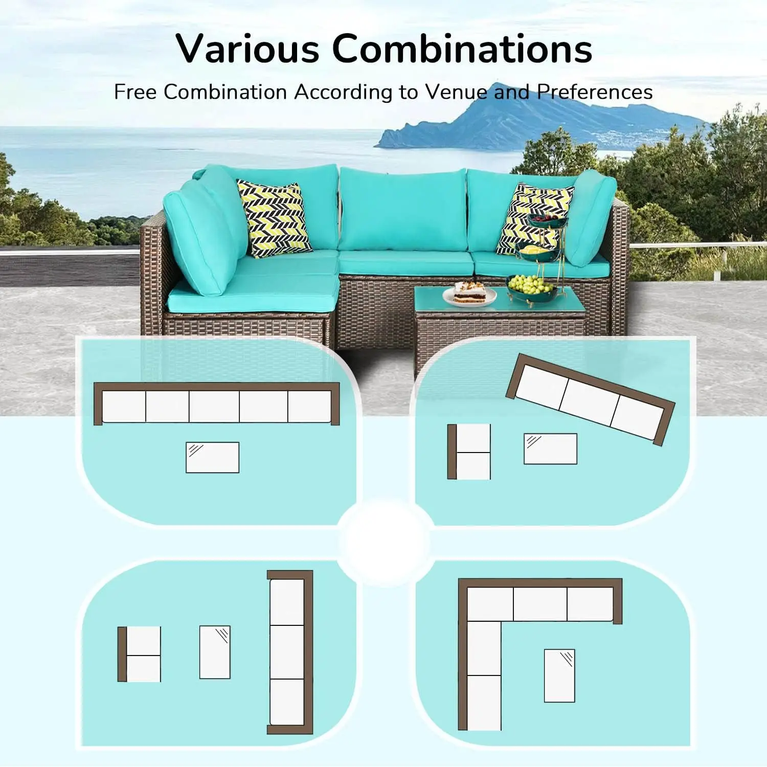 Wicker Conversation Set Sectional Sofa Garden Furniture All-Weather Tea Table&Washable Couch Cushions&Upgrade