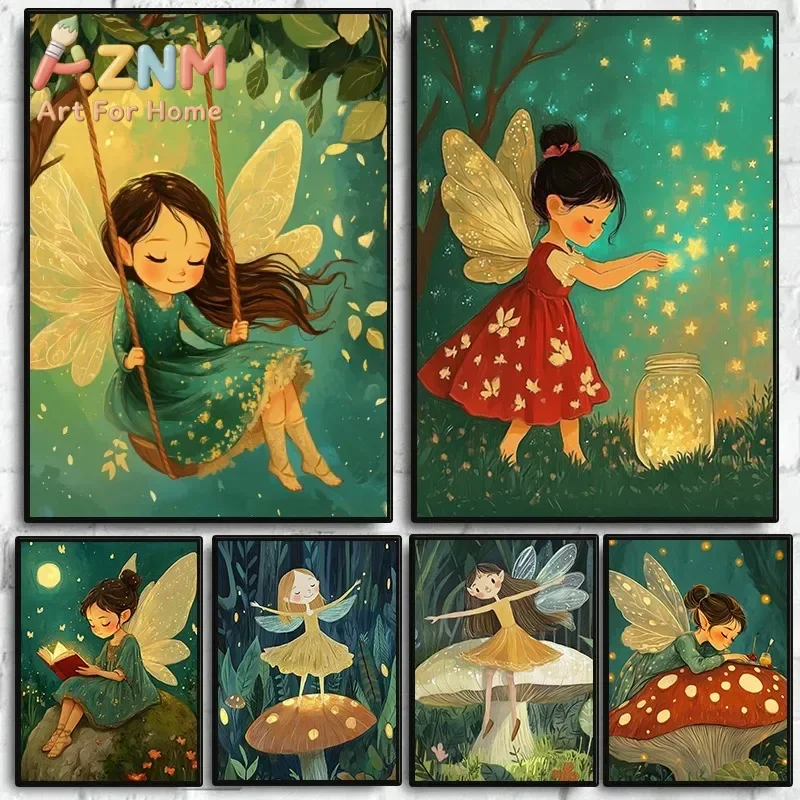 1 poster sans cadre, motif « fille magique de la forêt enchantée », tableau sur toile représentant des elfes et des fées, idéal pour une chambre d’enfant, une crèche ou un intérieur.