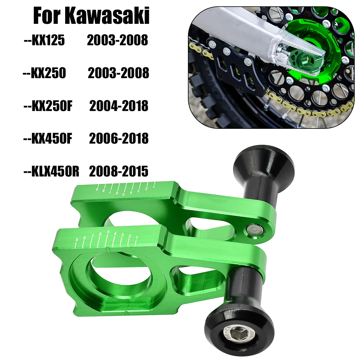 

Motocycle CNC Rear Axle Blocks Chain Adjuster For Kawasaki KX 125 250 250F 450F KX125 KX250 KX250F KX450F KLX450R 2003 2016 2018