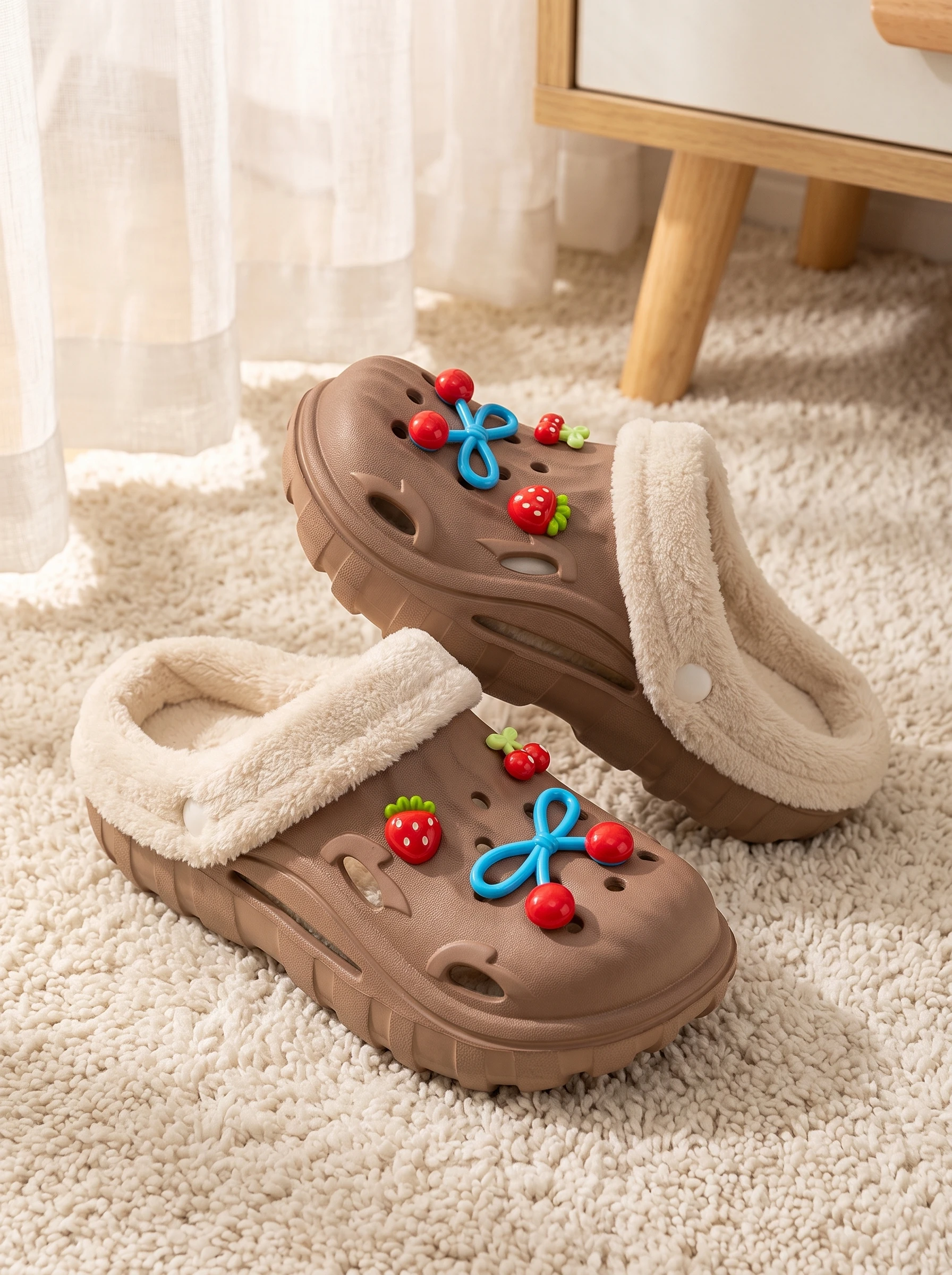 Girls' Winter Fleece-Lined Clog Slippers with Cute Cherry, Strawberry, and Bow Accessories, Thick-Soled Non-Slip EVA Plush Warm Indoor Cotton Slippers for Toddlers