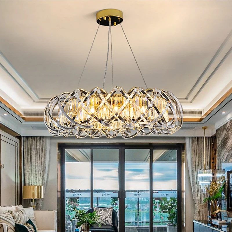 2022 New Fashion Luxury Design Round Stainless Steel Crystal Chandelier Lighting for Living Room Diing Room