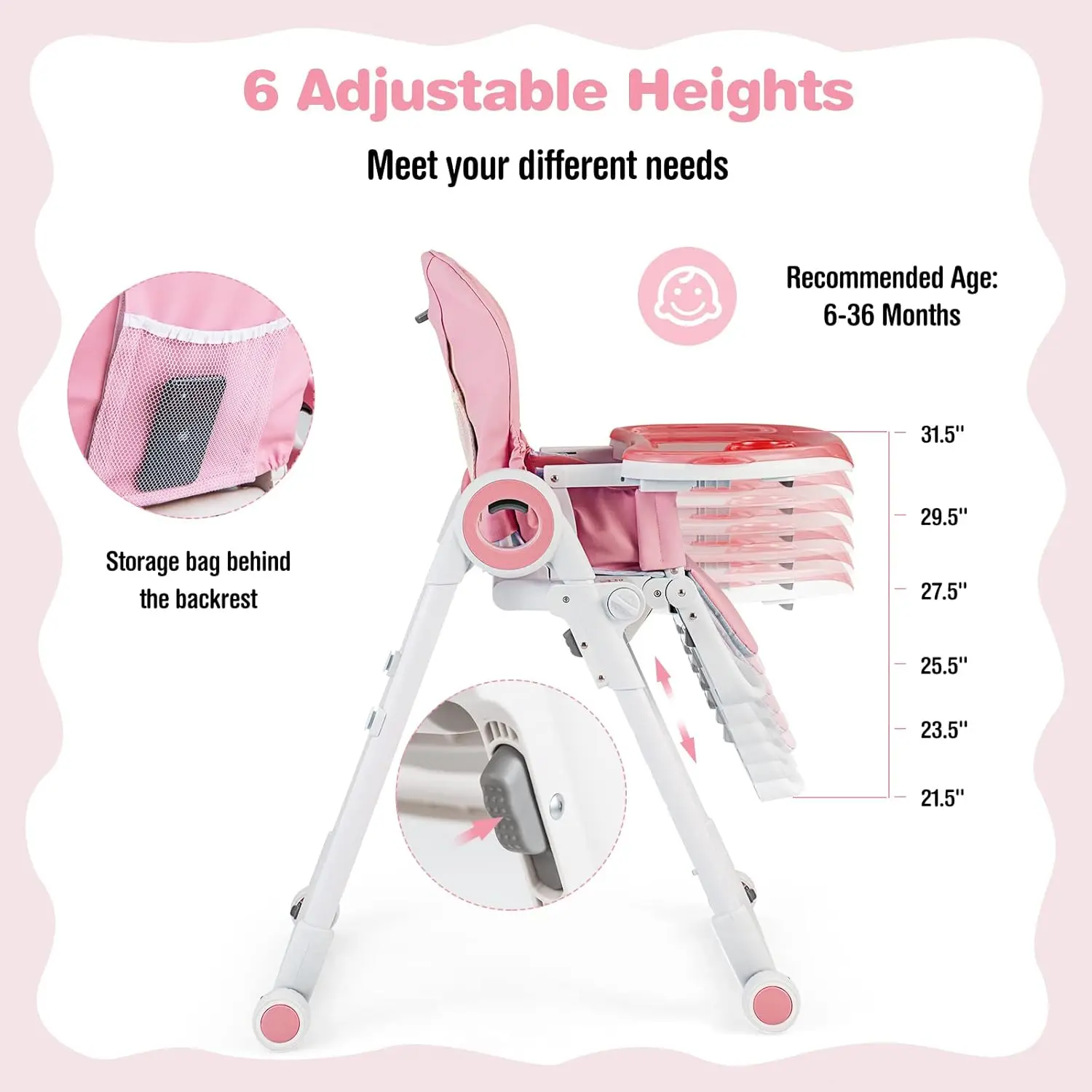 High Chair for Babies & Toddlers, Foldable Highchair with Adjustable Backrest/Footrest/Seat Height, Double Removable Trays,