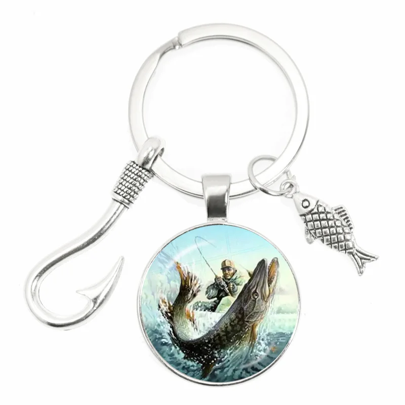 Moda mestre de pesca chaveiro gancho de peixe chaveiro cúpula de vidro pescador eu amo pescar peixe pingente chaveiro