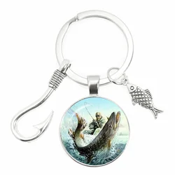 Fashion Fishing Master Keychain Fish Hook Keychain Glass Dome Keychain Fisherman I Love Fishing Fish Pendant Key Ring
