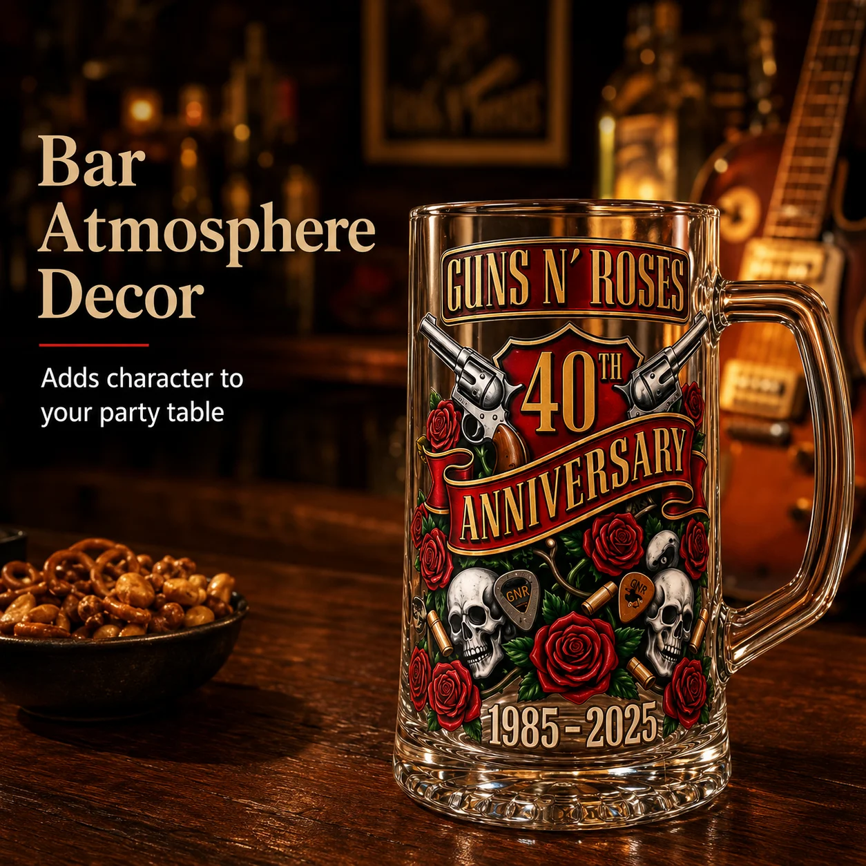 Caneca de Cerveja Colecionável Guns N' Roses 40º Aniversário 1985-2025 - Presente de Memorabilia de Banda de Rock para Fãs