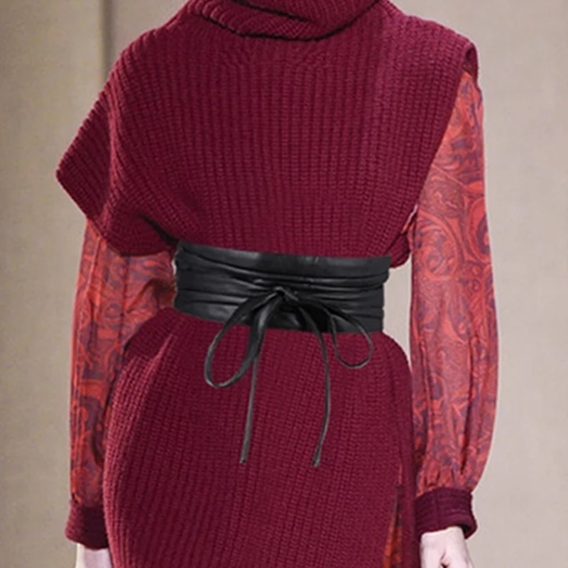 سينون المرأة بولي Leather الجلود قابل للتعديل التعادل عقدة غير جلخ بطانة حزام أنيق أسود Cummerbunds للفساتين والملابس