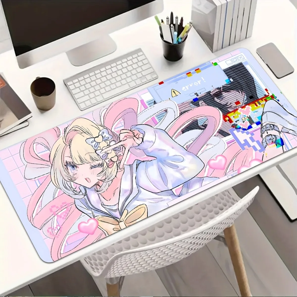 

Розово-фиолетовый коврик для стола с аниме-девушкой, в форме сердца и звезды, нескользящий, моющийся, для игрового стола