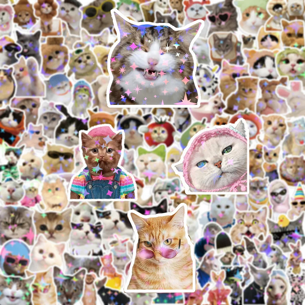 

10/50/100/200pcs Laser Shining Style Funny Cat MEME Stickers Cute Animal Decals Graffit Motorcycle Laptop Waterproof Sticker Toy