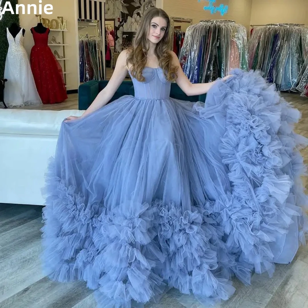 Annie sexy träger lose Ballkleider handgemachte Organza Rüschen Vestidos de Fiesta Elegantes Para Mujer 2024 blau Abschluss kleid