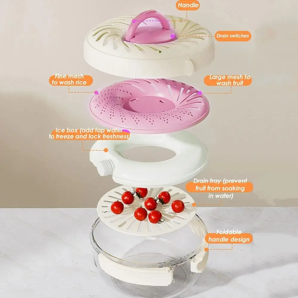 

Folding Handle Fruit Washing Bowl Detachable Keep Fresh with Ice Tray Drain Basket Multi-Functional with Lid Vegetable Strainer