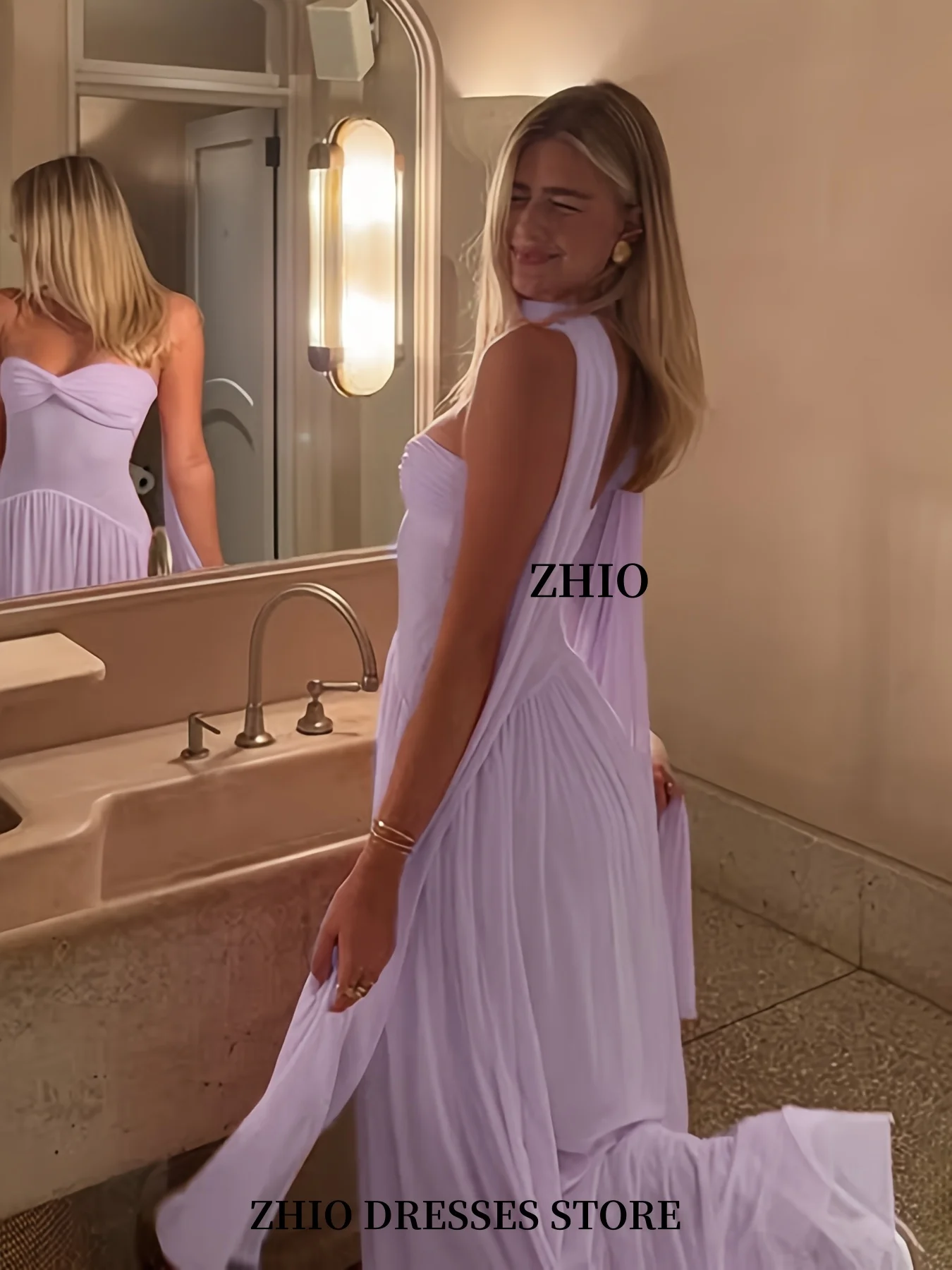 ZHIO Elegant Off-Shoulder Party Dress With Mesh Panel Twisted Tie Details Lavender Long Beach Vacation Evening Dress Customized