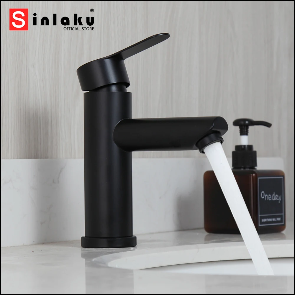 

SINLAKU Matte Black Bathroom Basin Faucet Wash Sink Tap Stream Spray Deck Mounted Hot And Cold Water Single Handle Mixer Faucets