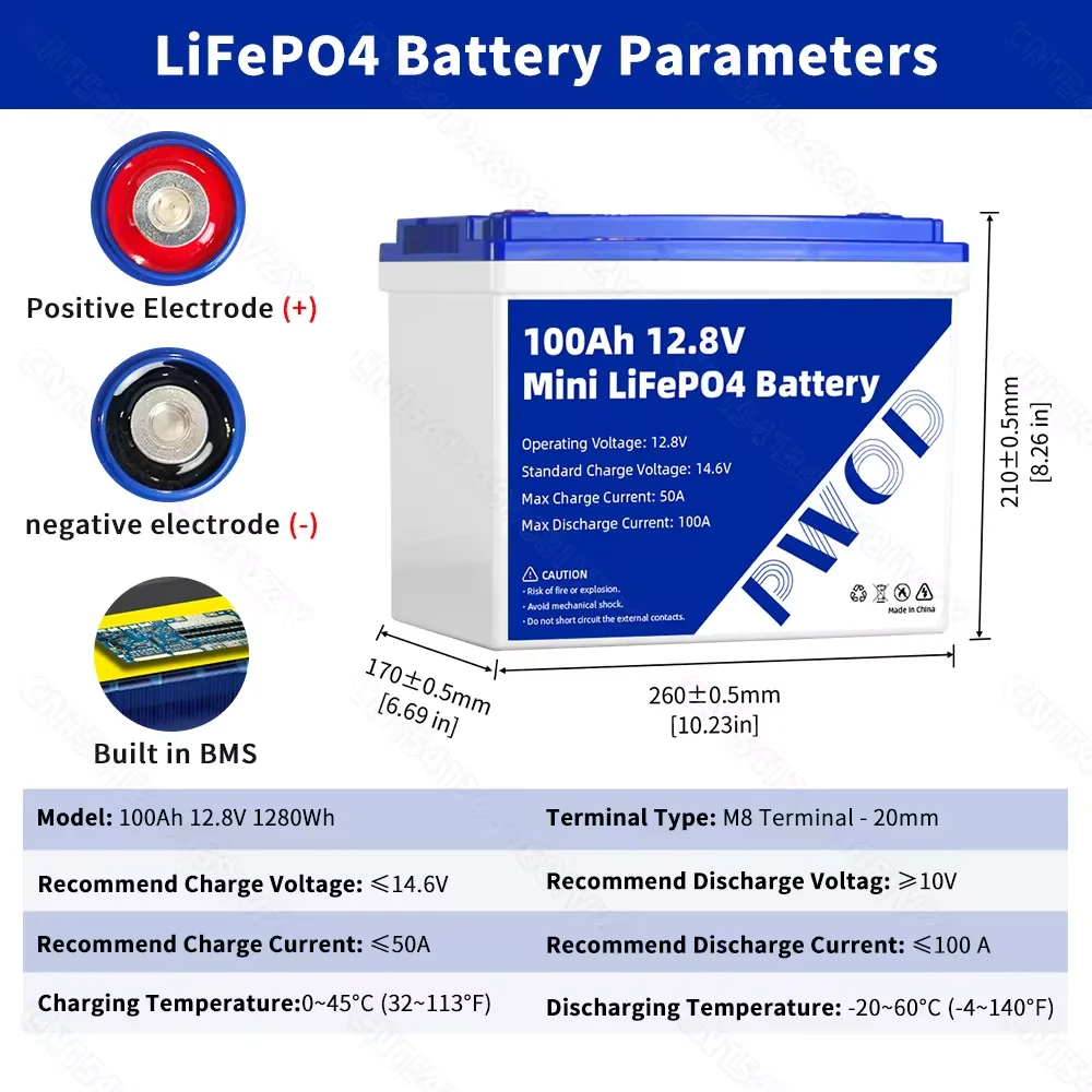 PWOD 12V 100Ah LiFePo4 Battery Pack Rechargeable Lithium Iron Phosphate Cell Bulit-in BMS For Home Energy Storage EV RV Boat