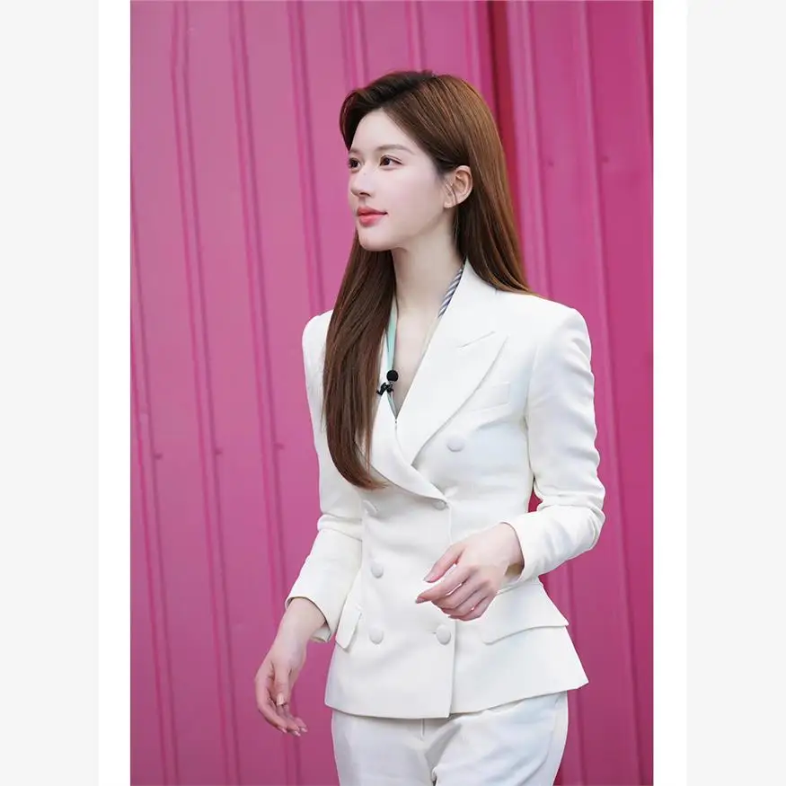

Белый приталенный двубортный пиджак из чистого льна для офиса и повседневной носки, модная рабочая одежда
