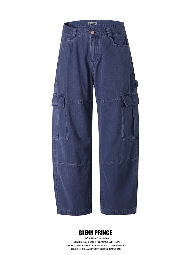 

Винтажные американские рабочие джинсы для мужчин, свободные повседневные универсальные широкие брюки-кинг-кинг, прямой крой, свободный крой, классический синий цвет