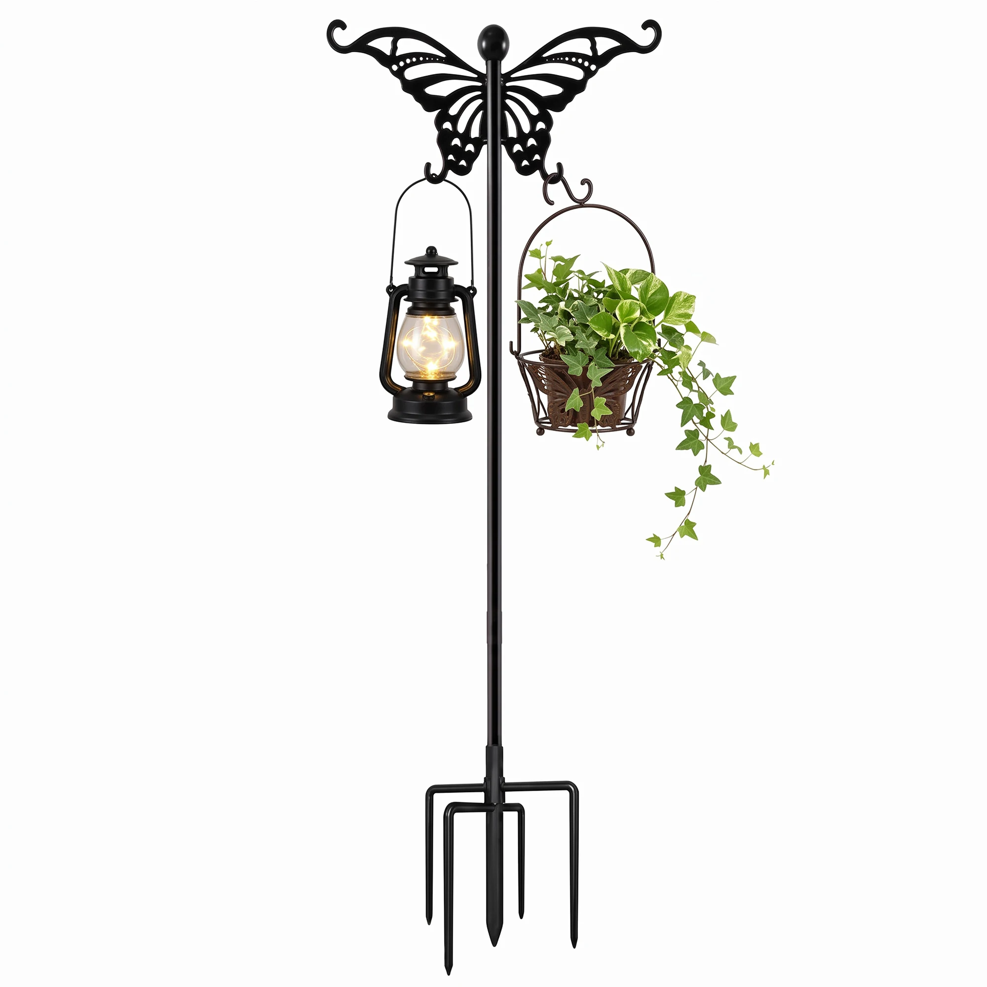 Heavy Duty Butterfly Garden Shepherd Hook – 5-Prong Metal Hanging Stake for Flower Baskets, Lanterns & Wind Chimes, Detachable Design, 76/92 Inches, Black