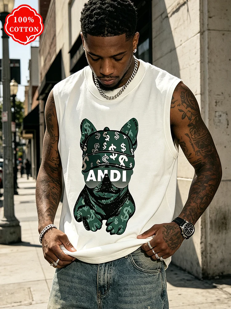 Men 100% Cotton Crew Neck Sleeveless Tank Top French Bulldog Print Hip Hop Streetwear Gym Casual Summer Vest-T89