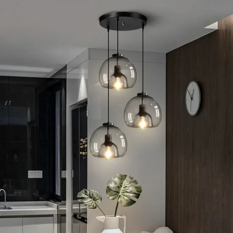 Modern Glass LED Pendant Lamp Gray Glasses Celing Chandelier Lighting For Living Dining Table Kitchen Art Hanging Light