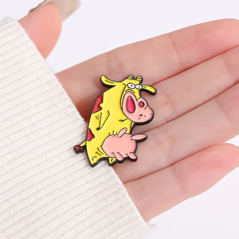 2pcs Cartoon Manga Enamel Pins Custom Cute Rooster Cow Brooches Lapel Badges Animal Jewelry Gift for Kids Friends