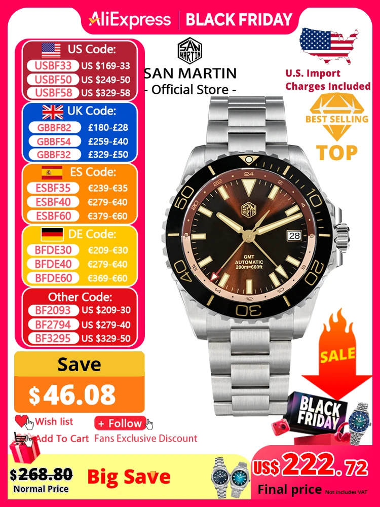 

San Martin Новый 39 мм Роскошный дайверский мужской GMT NH34 Эмалированный циферблат Sunburst из нержавеющей стали Автоматический сапфир C3 Зеленый светящийся SN0136