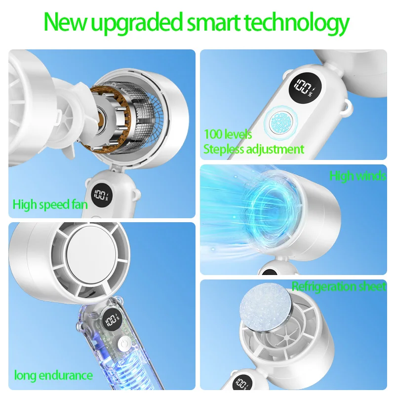 Turbo Wearable Handheld Mini Plastic Fan USB Rechargeable 2000mAh Battery Fast Cooling Quiet Portable English Stepless Speed