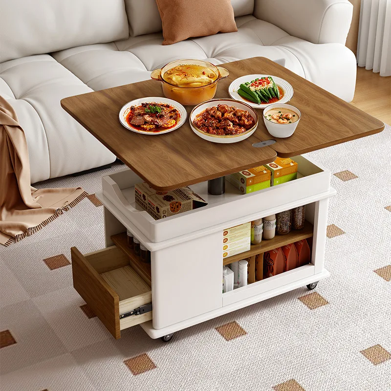 Foldable coffee table lifting trolley side table multi-functional storage rotating countertop household folding small dining