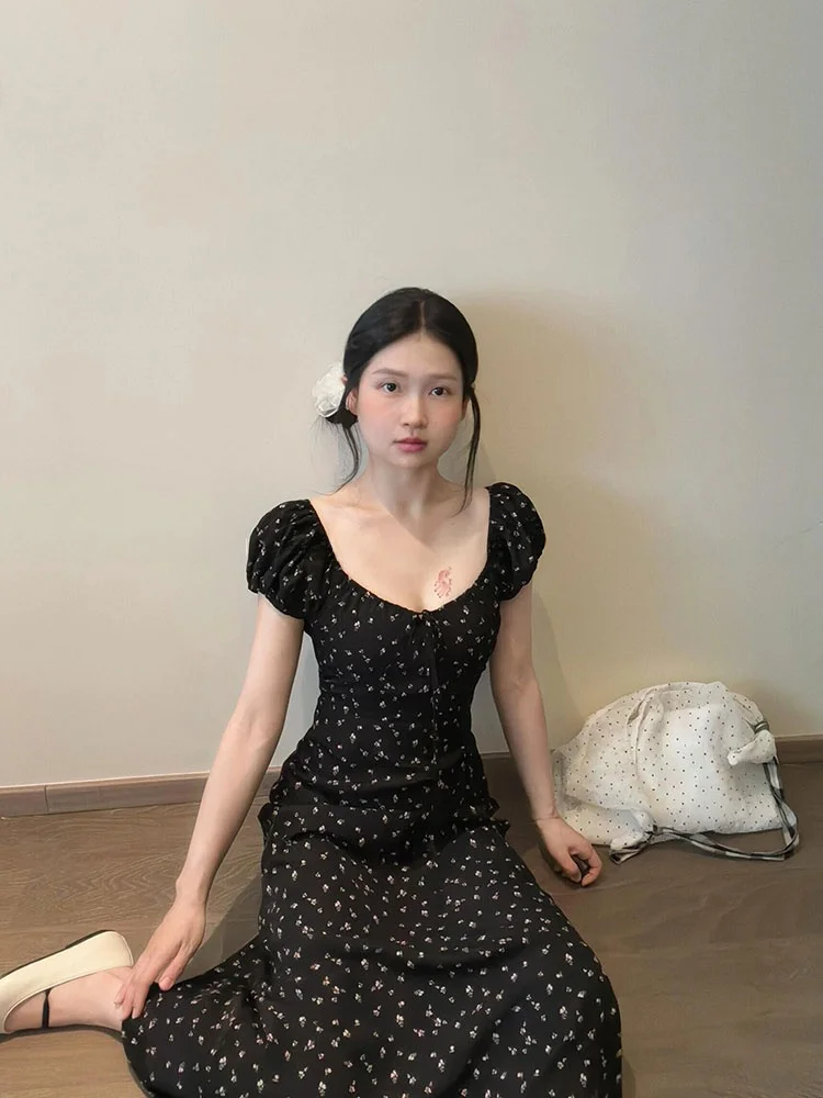 Vestido f sexy preto com estampa floral, linha a, verão, novo estilo, cintura, manga bolha, gola quadrada, cintura alta