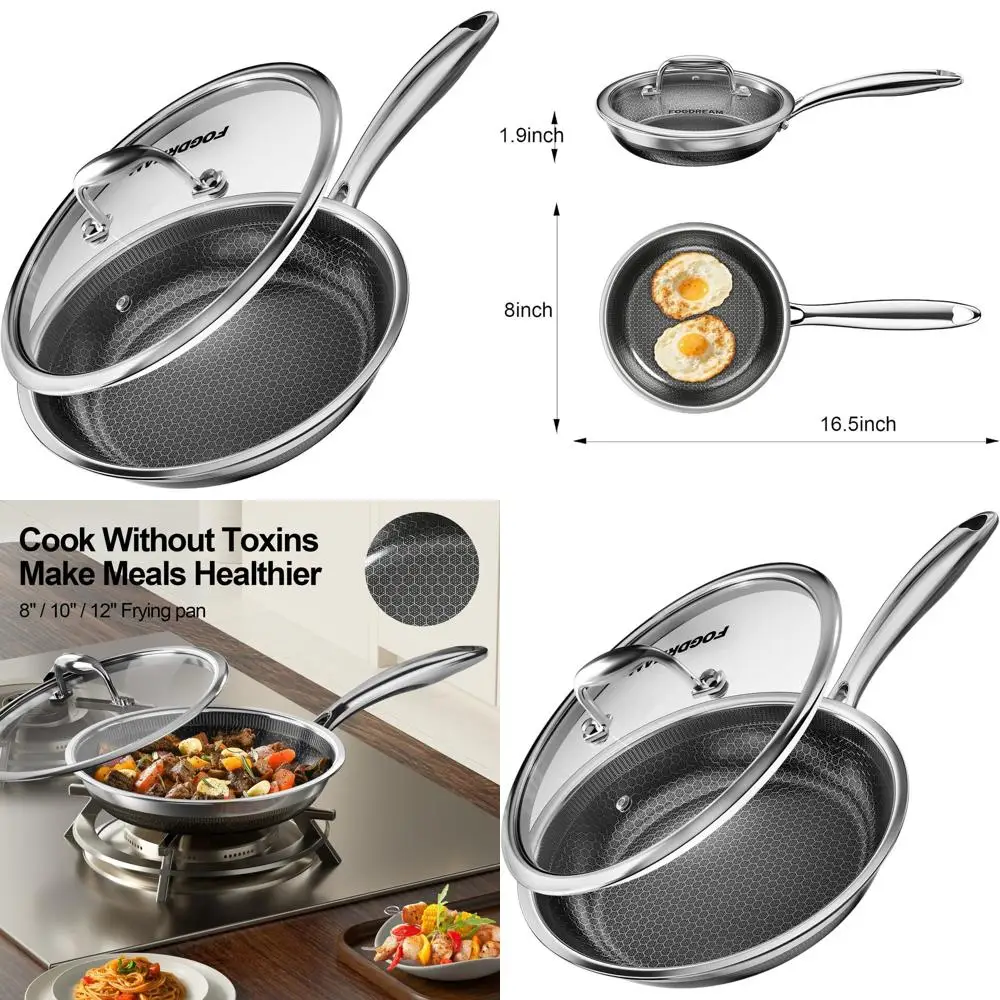 

8. Сковорода из нержавеющей стали с антипригарным покрытием и крышкой, трехслойная для универсальных варочных панелей, духов и посудомоечной машины, конструкция с прохладной ручкой.