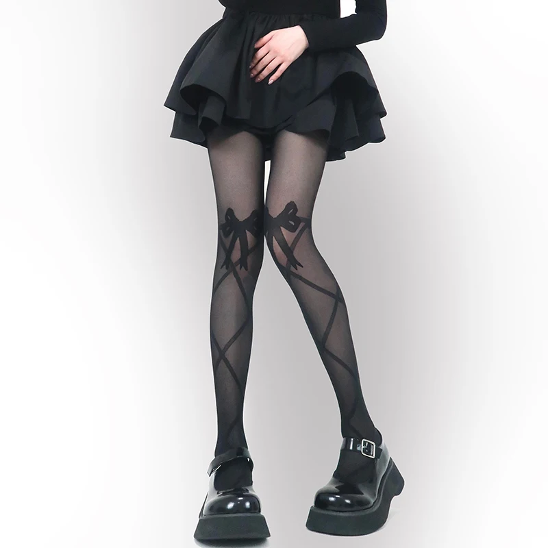 Japanese sweet cool girl pantyhose jk black socks women's spring summer love striped printed stockings black silk lolita