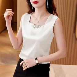 Satin Camisole Women's Tank Tops Summer Top New Square Neck National Button Sleeveless Top Woman Silk Vest Female Bottom Top