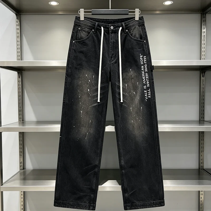 VALLEY Men Women Side Vertical Letter Embroidery Splatter Washed Wide Leg Denim Pants